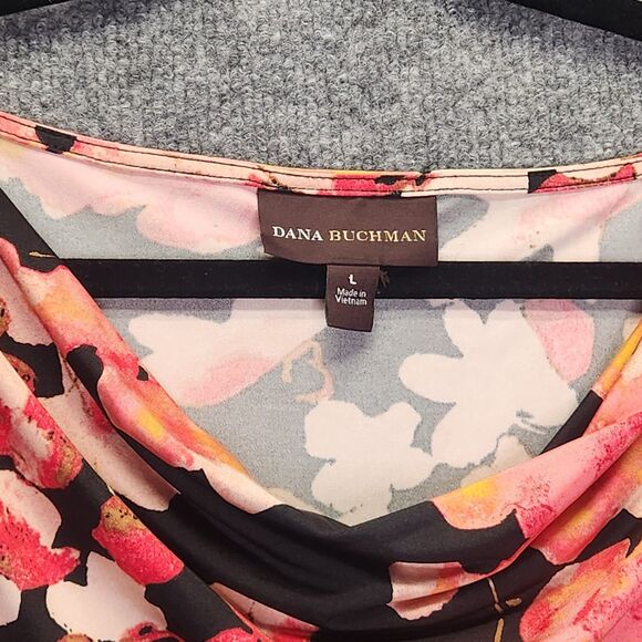 Dana Buchman Floral Dress Large Draped Neck Sleeveless Belted Black Pink Flowers - Picture 5 of 8